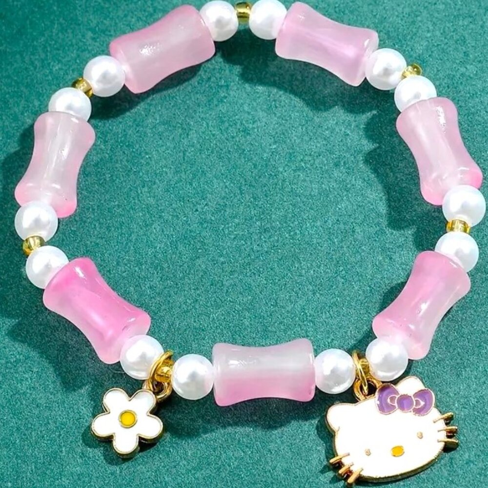 Bracelet Hello Kitty Charm Sanrio Stretch Flower Emo beads Rave Trendy Stylish